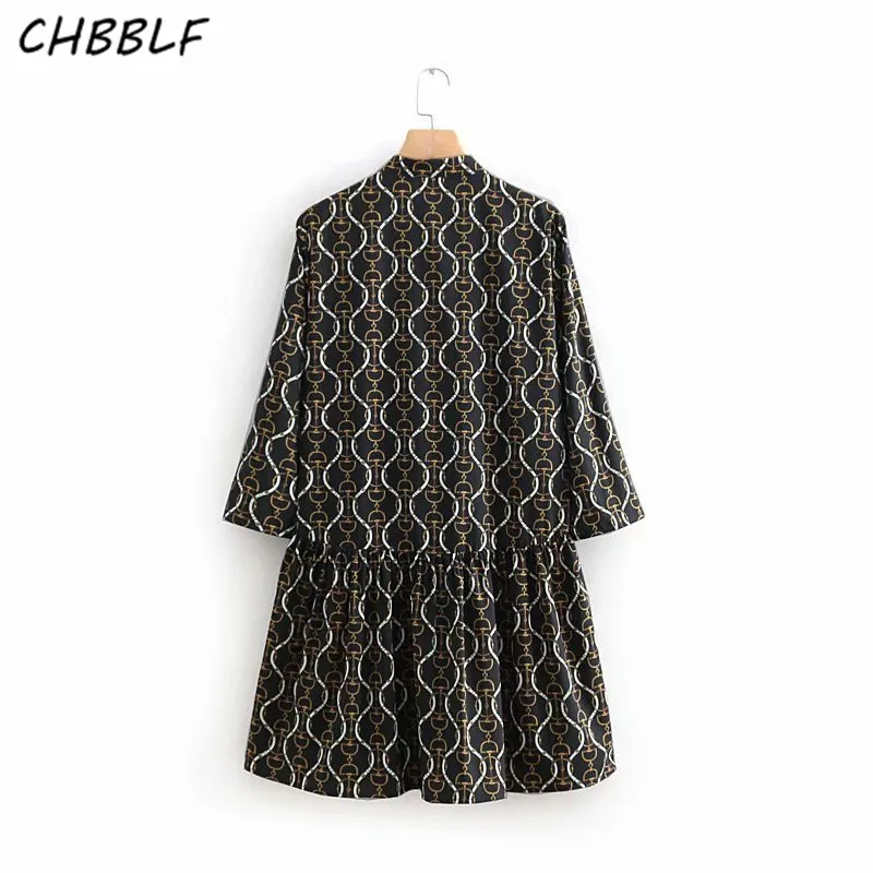 CHBBLF женское шикарное мини-платье с принтом цепей, рукав три четверти, женские повседневные свободные платья, стоячий воротник, vestido A8678