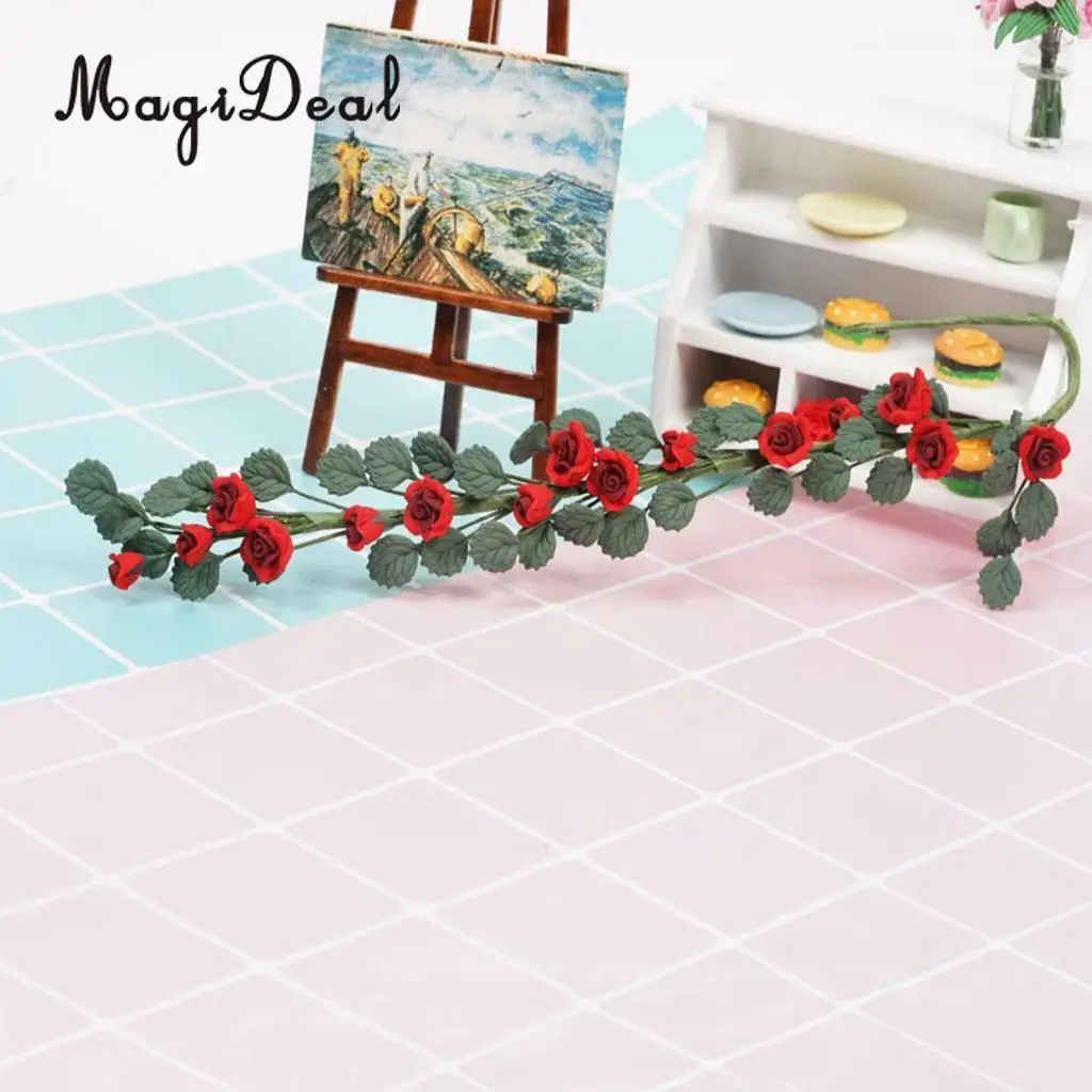 1/12 Scale Handmade Clay Boston Ivy Leaves String Rose Bouquet Dollhouse Indoor Outdoor Furniture Decor Kids Pretend Play Red