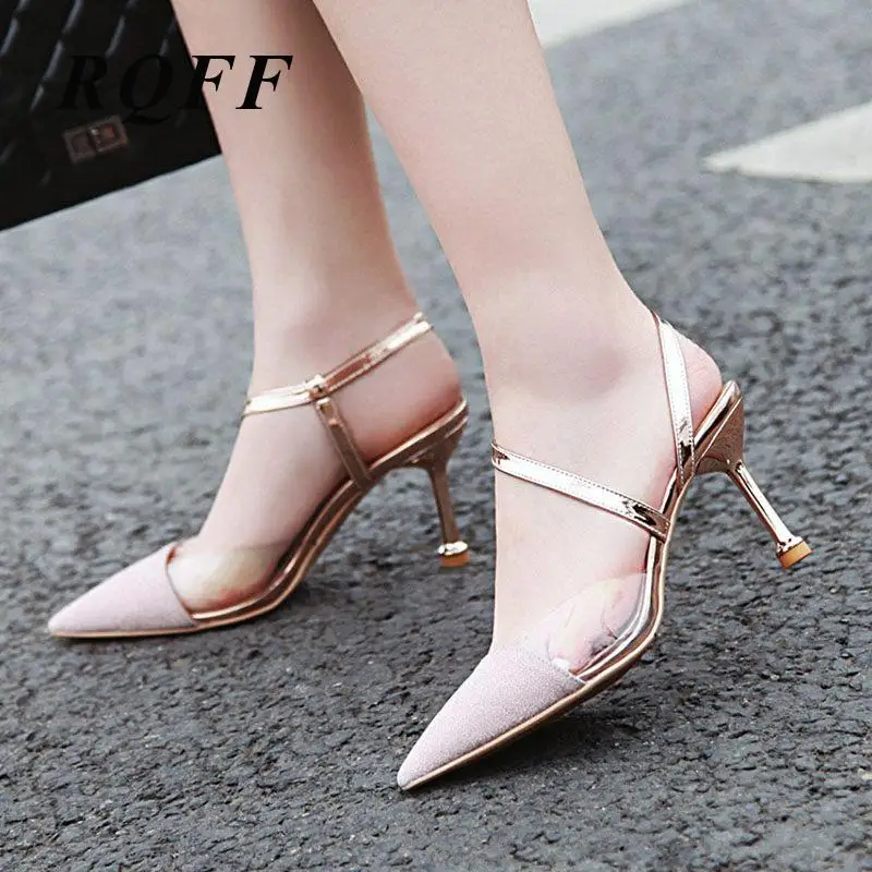 

Summer Sandals Women Sexy Silver Thin High Heel Shoes For Wedding Party Fashion Transparent Pvc Sequined Closed Toe Footwear