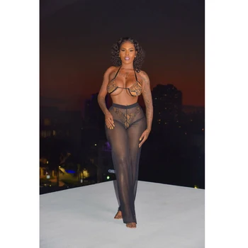 

Sexy Women Beach Mesh Pants Sheer Wide Leg Pants Transparent See through Summer Holiday Bikini Cover Up Trousers Pantalon
