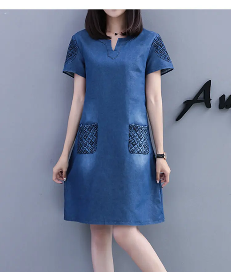 New Fashion Embroidery Dresses Women 2018 Summer Blue Denim Dress Women Casual Short Sleeve Large Size Dress Vestidos Mujer S-5XL (6)