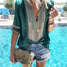 2019 Women's New Fashion Blouse Tops Beach Party Summer Loose Boho Deep V-Neck Half sleeves Print Blouse Femme Streetwear Shirt