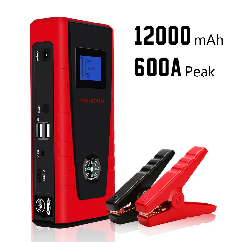 Portable Car Battery Jump Starter 600A Peak with Compass LCD Screen LED FlashLight Car Battery Smart