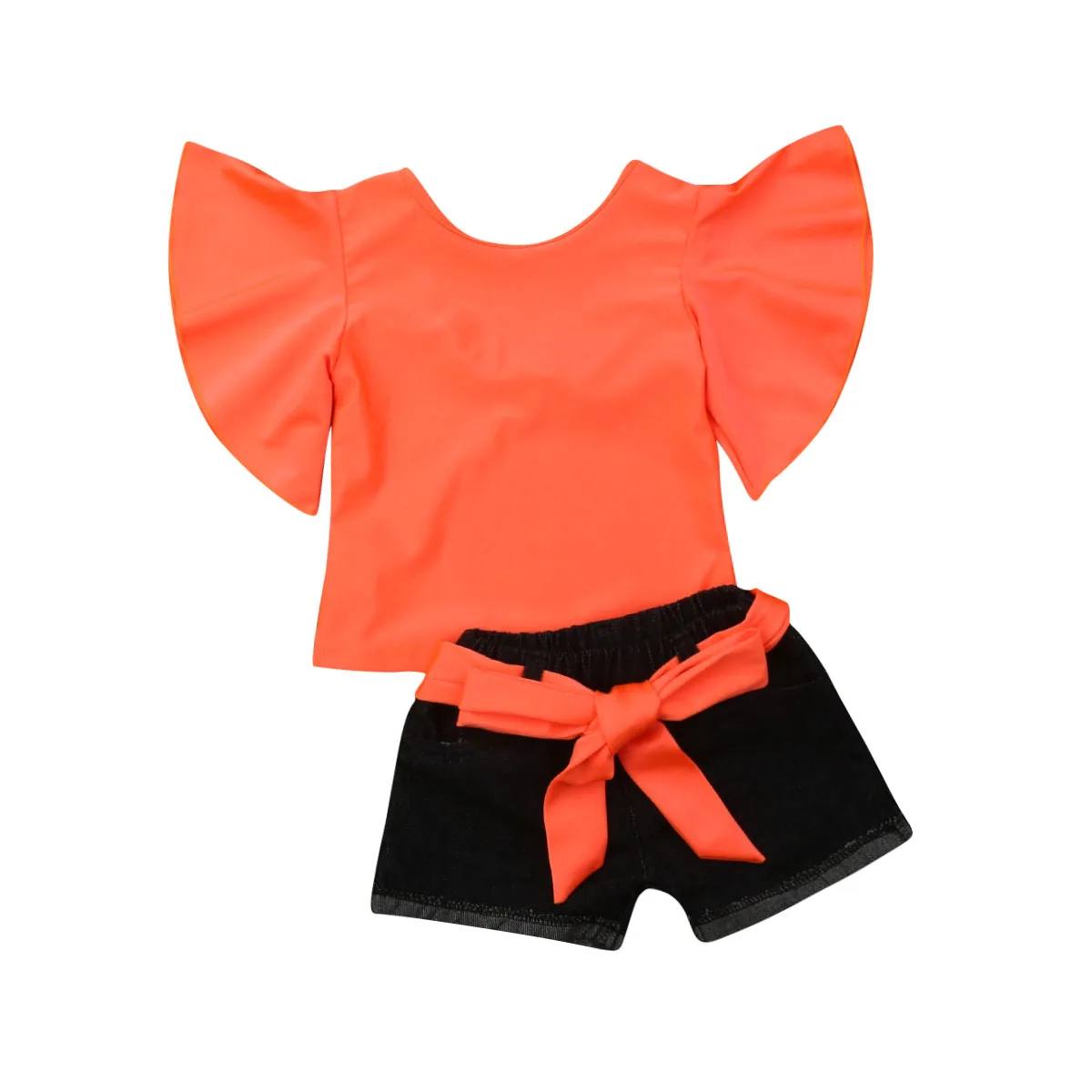  New 2019 Summer Toddler Girls Clothing Sets Floral Sleeve Ruffle Tops+Big Bow Jeans Shorts 2Pcs Inf