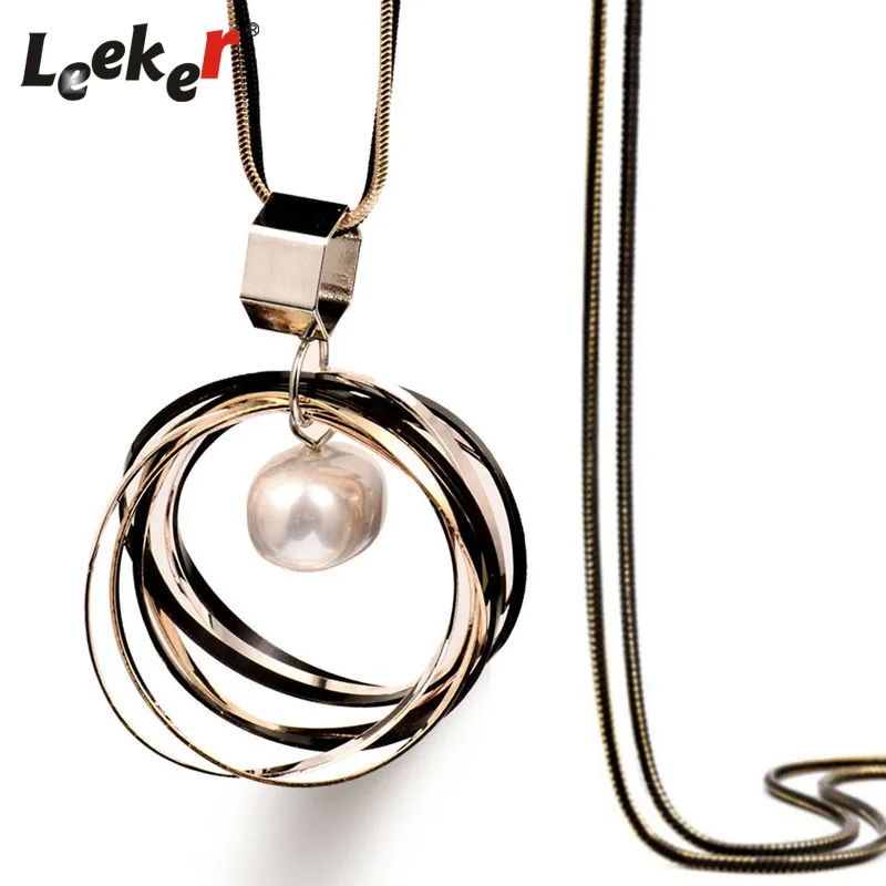 

LEEKER Gothic Style Multilayers Round Metal Necklace Imitation Pearl Pendant Women Statement Long Chain 92296 LK7