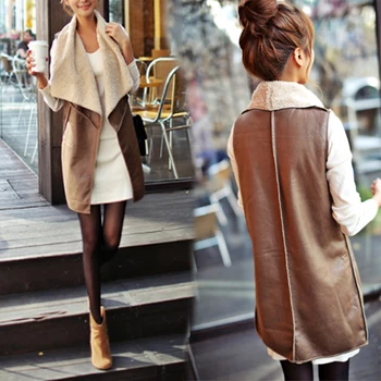 

Women Leather Jackets Slim Autumn Winter Faux Lamb Wool Waistcoat Sleeveless Faux Fur Vest Hood Outwear Brown Jacket 8L1171