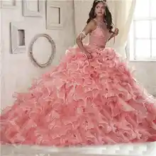 Vestido бальное платье, халат de baln, драгоценный камень, розовый ручной работы, Корт, тренировка, кристаллы, полная длина, Мутли-слои, шлейф, пышные платья