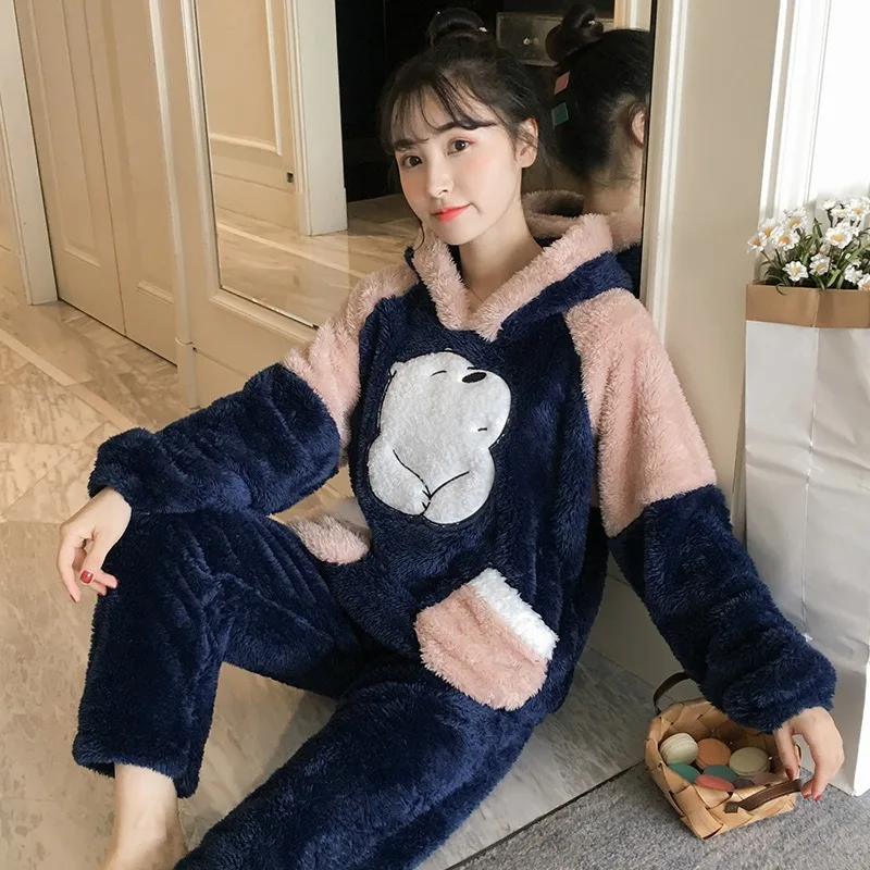 

JINUO New Arrival Cute Cartoon Bear Women Winter Plush Hooded Pajama Sets Young Ladies Warm and Soft Home Wear Sleepwear Suit