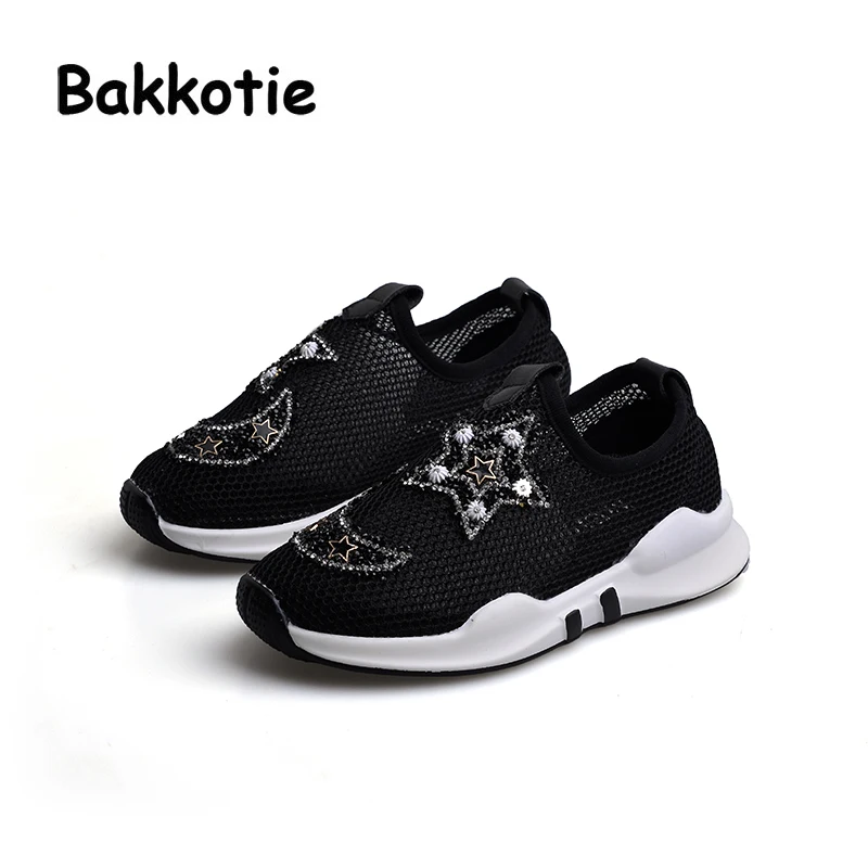 Bakkotie 2017 New Summer Mesh Baby Leisure Sneaker Toddler Girl White Shoe Casual Breathable Kid Brand Slip On Black Star Moon