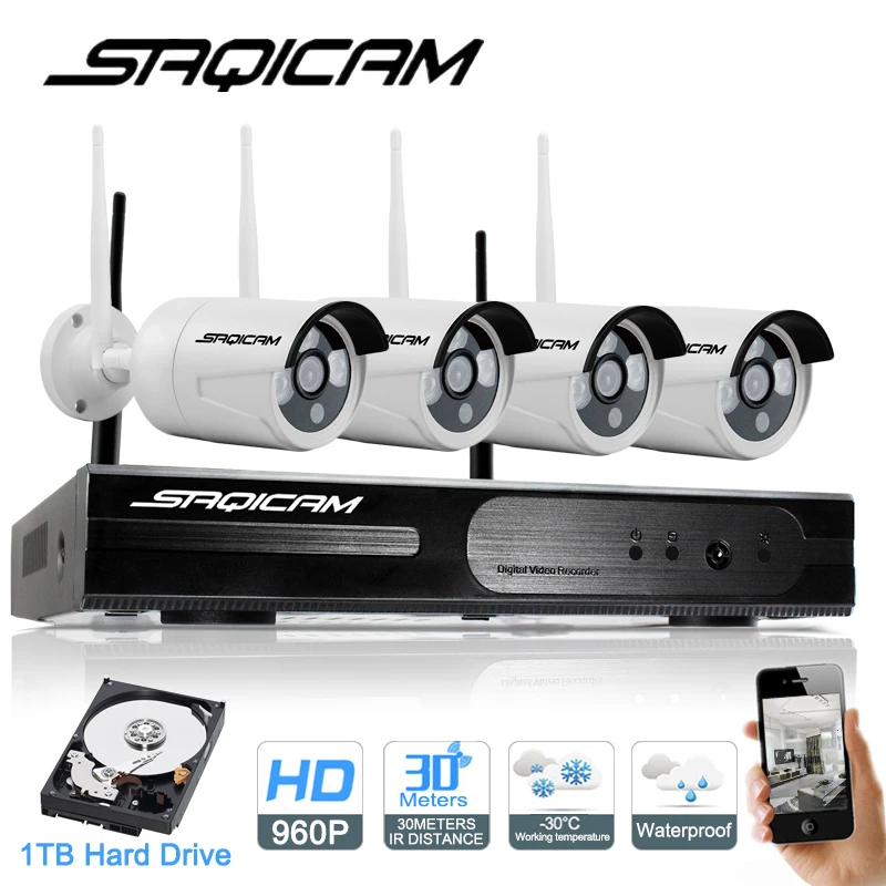 Saqicam 4CH 960P NVR Wireless Security CCTV Surveillance Systems 4PCS 1.3MP Wifi Security Camera Outdoor IP Camera Wifi NVR Kits