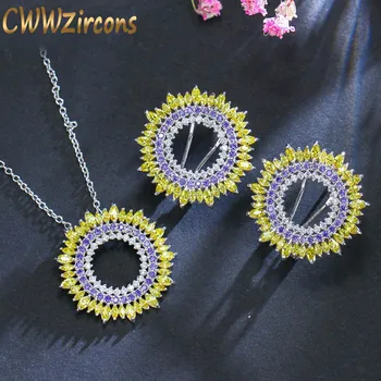 

CWWZircons Top Quality Gorgeous Yellow Purple Cubic Zirconia Stones Round Women Hot Summer Earrings Necklace Jewelry Sets T093