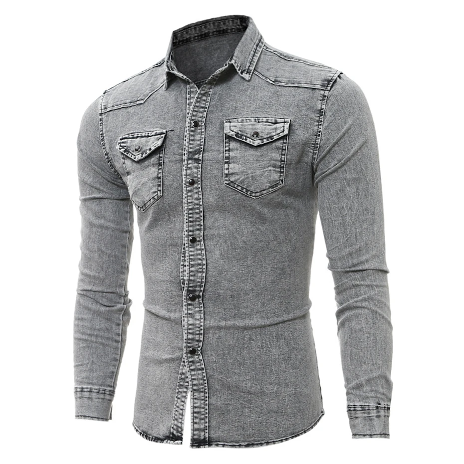 Серая джинсовая рубашка мужская повседневная Облегающая рубашка с длинным рукавом Осень хлопок джинсовая рубашка мужская одежда топы WY201