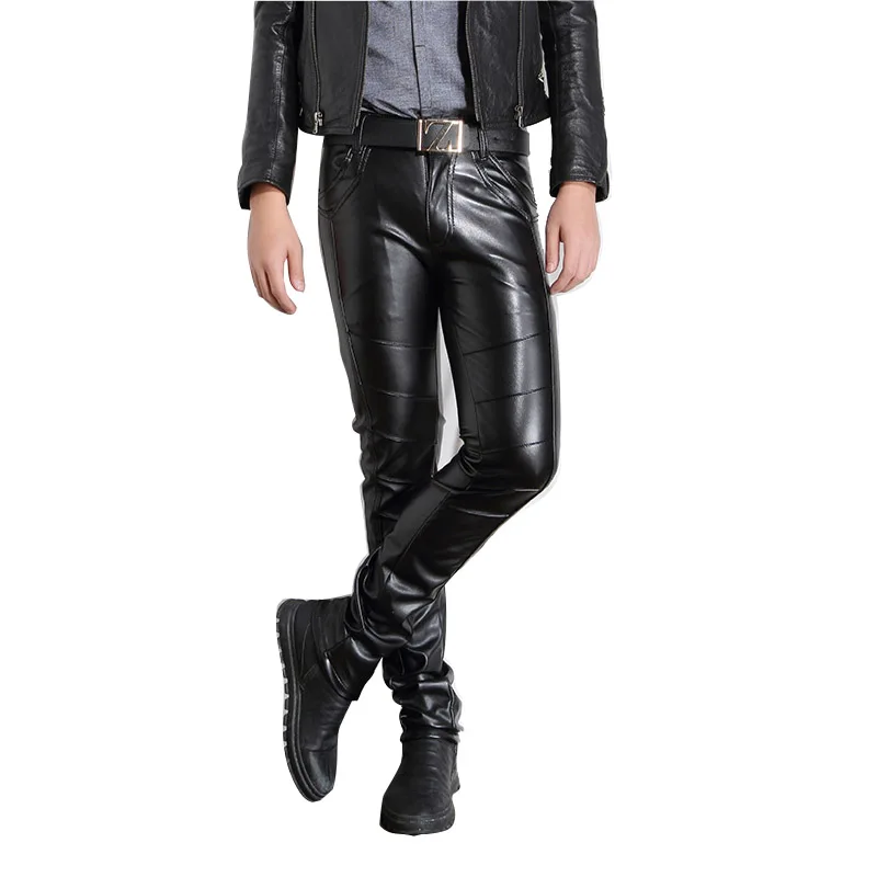 New Men Slim Fit Leather Pants Male Fashion Punk Rock PU Leather