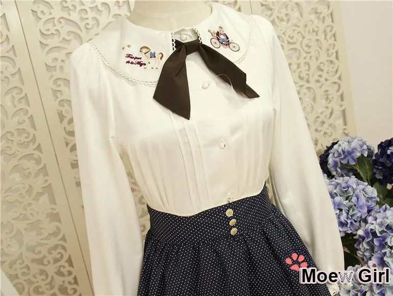 Kawaii Женская Лолита карета-тыква белая блузка с вышивкой Топы Питер Пэн воротник рубашка с длинными рукавами белый с коричневым бантом