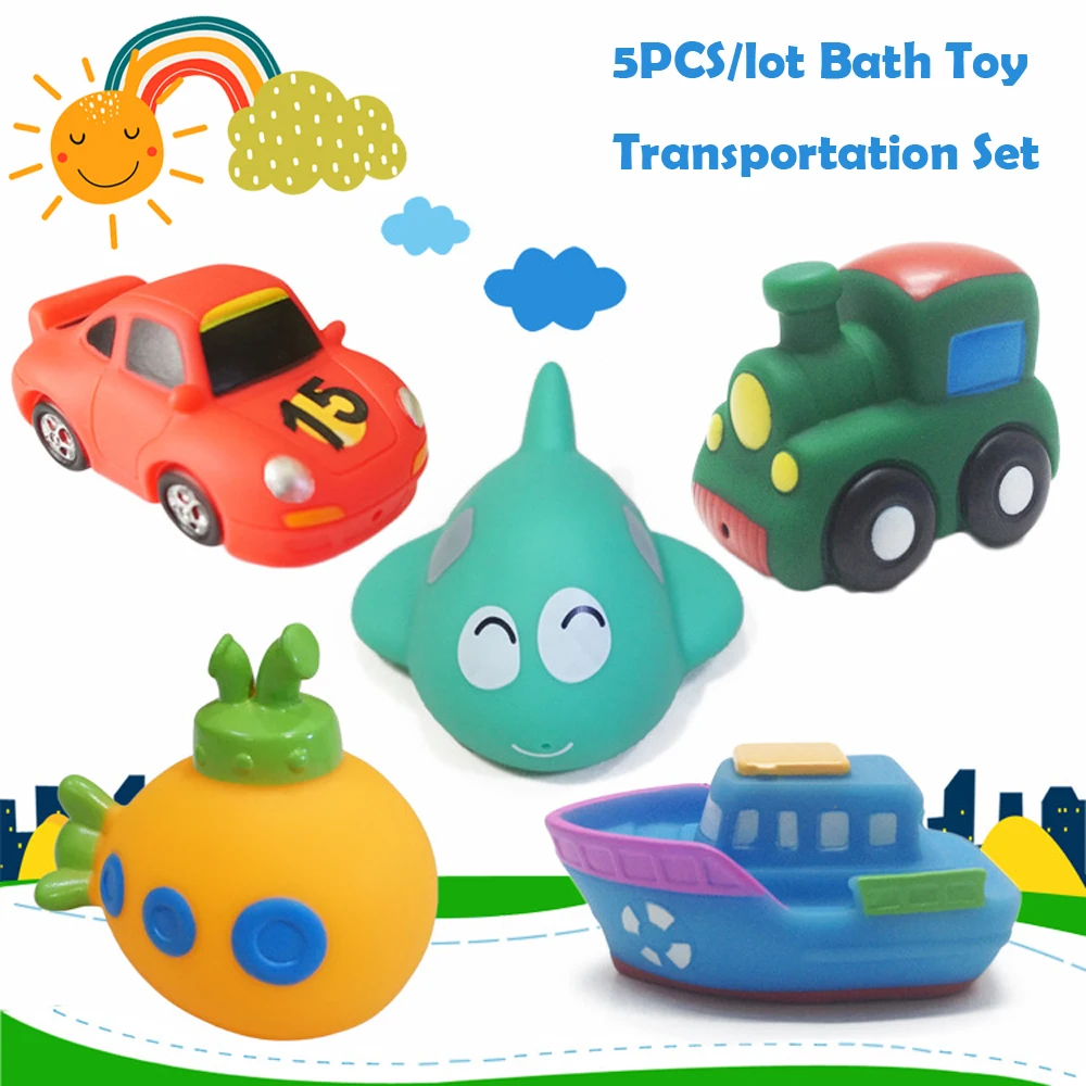 

5PCS Set Transportation Baby Bath Toy Water Spray Soft Rubber Baby Toys Kids Car Boat Swimming Pool Toys for Children Boys Girls