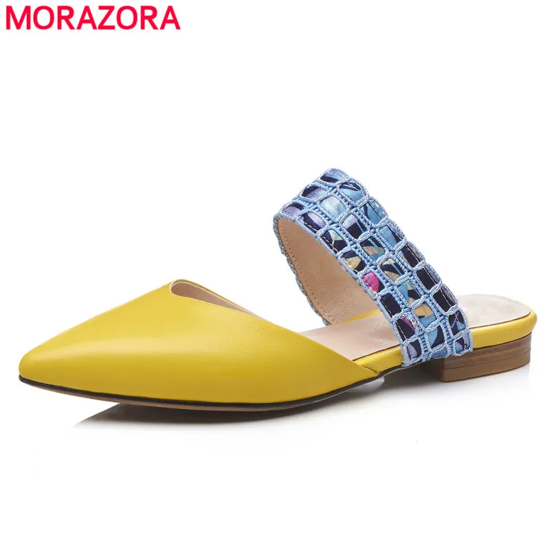 

MORAZORA 2019 top quality genuine leather women pumps pointed toe mixed color slip on summer shoes comfortable mules shoes woman