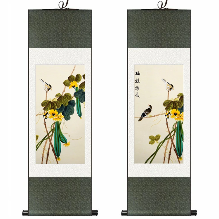 

Chinese Silk watercolor ink flower harvest fruit Loofah Double Bird feng shui canvas wall damask picture framed scroll painting