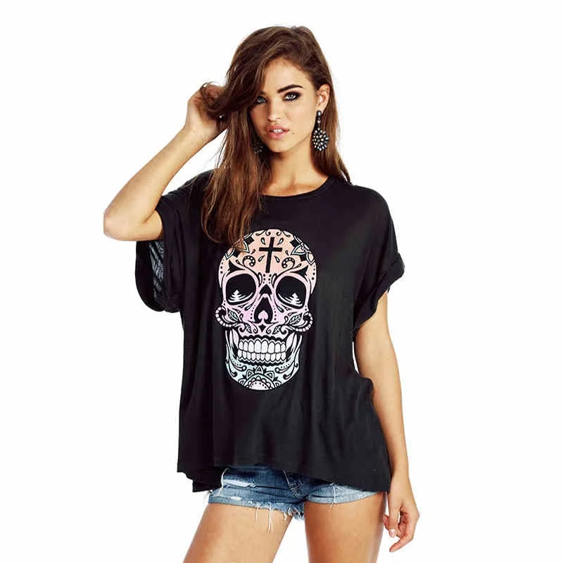 2017 Summer Tatoo Print Punk Rock Skull Gothic Short Sleeve Tee Black Shirt Women Loosen