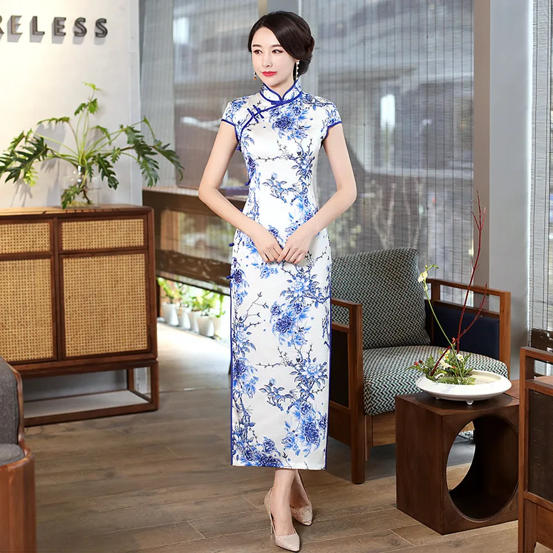 Женские летние Длинные Cheongsam Новинка китайский стиль вискоза Qipao платье тонкие Вечерние Платья Женская Кнопка Vestido Размер s-xxxl
