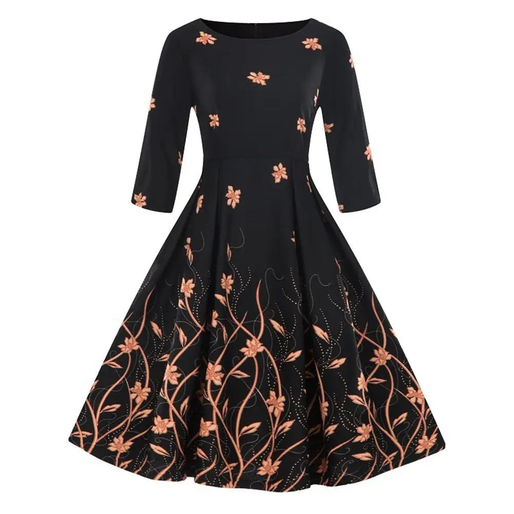 

Women Party Dress Hepburn Style Round Neck Long-sleeved Digital Gradient Floral Print Large Swing Dress