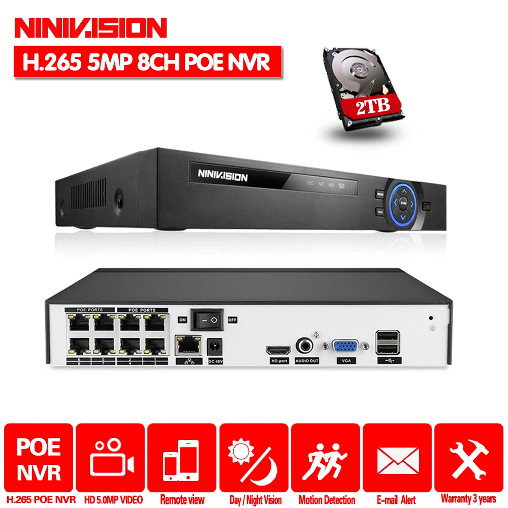 

H.265 Max 5MP 4CH 8CH 48V POE NVR Up to 8CH 16CH Audio Out Surveillance Security Video Recorder For POE IP Camera