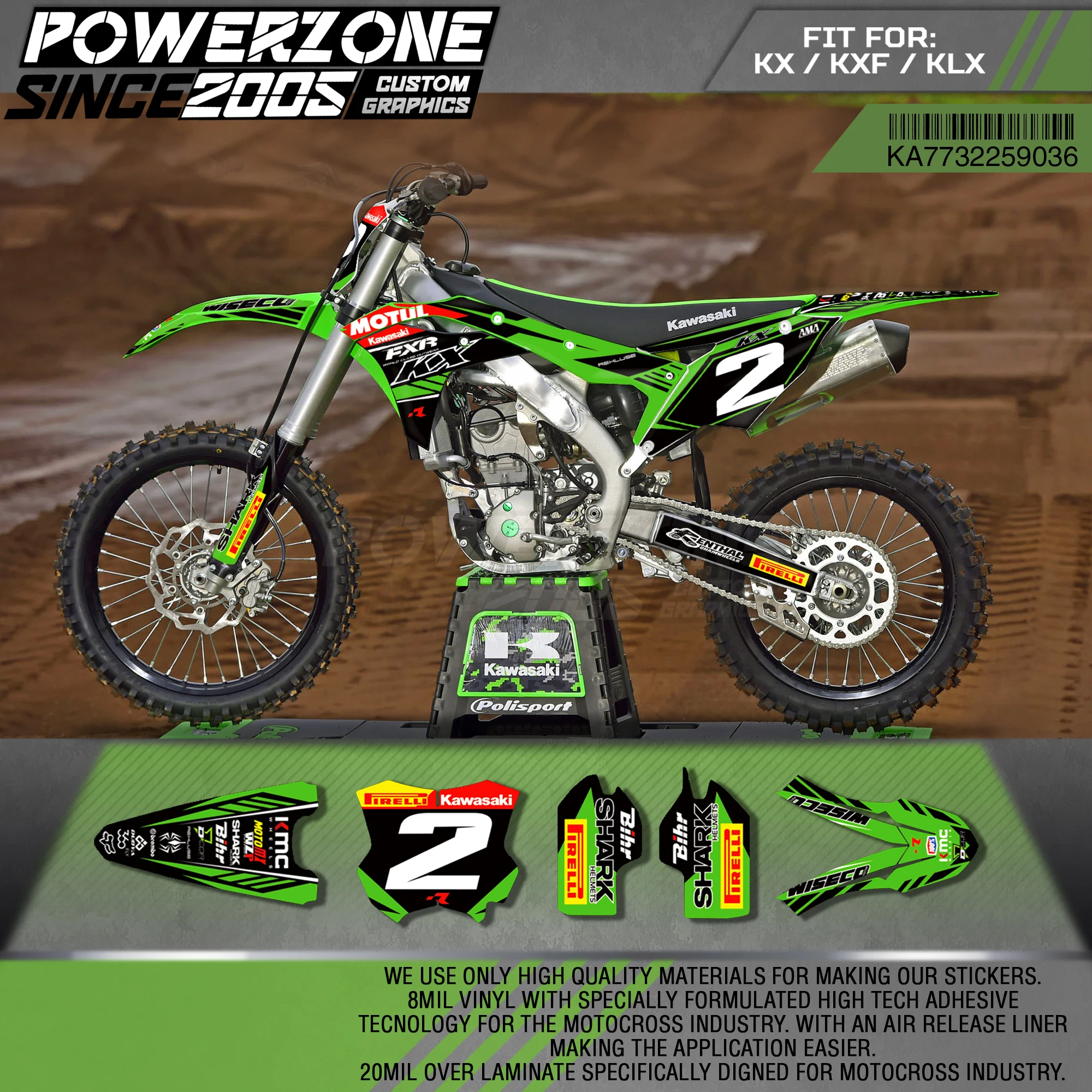 

PowerZone Custom Team Graphics Backgrounds Decals 3M Stickers Kit For Kawasaki KX250F 2017-2018 KX450F 2016-2018 036