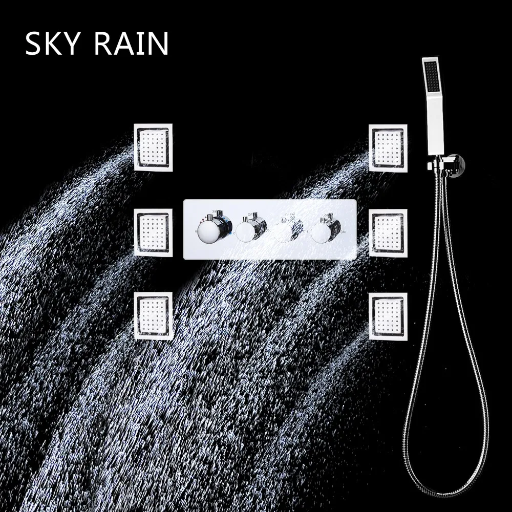 Небесный дождь горячий и холодный клапан дождевой Душ Набор потолочные накладные многоцветные светодиодный душ с корпусом струи