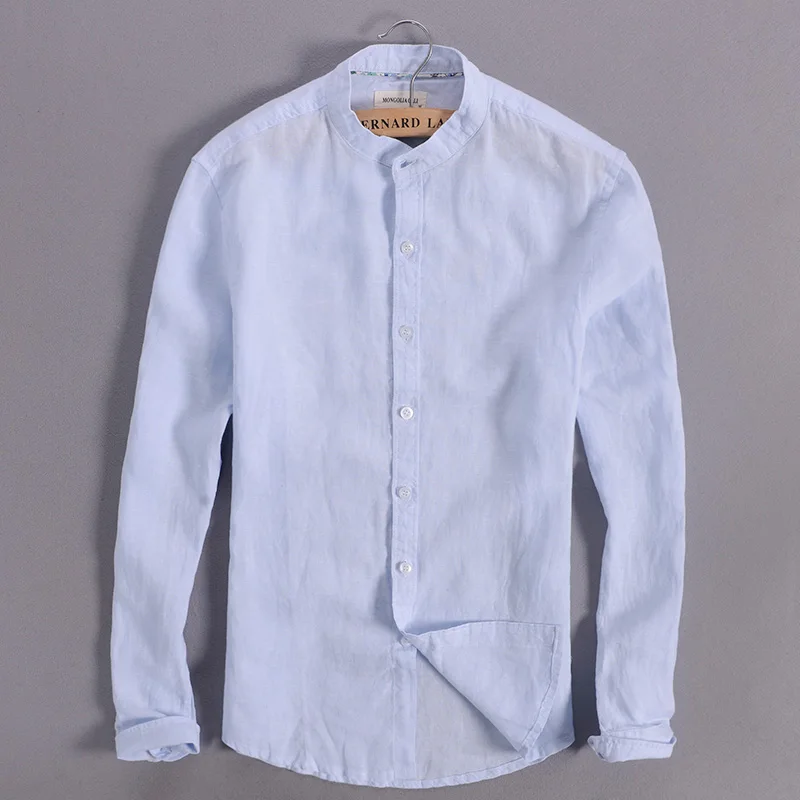 En Ligne Ciel bleu chemise en lin hommes d été à manches longues casual hommes chemises mince respirant chemise hommes vêtements de marque mens chemises chemise 3XL
