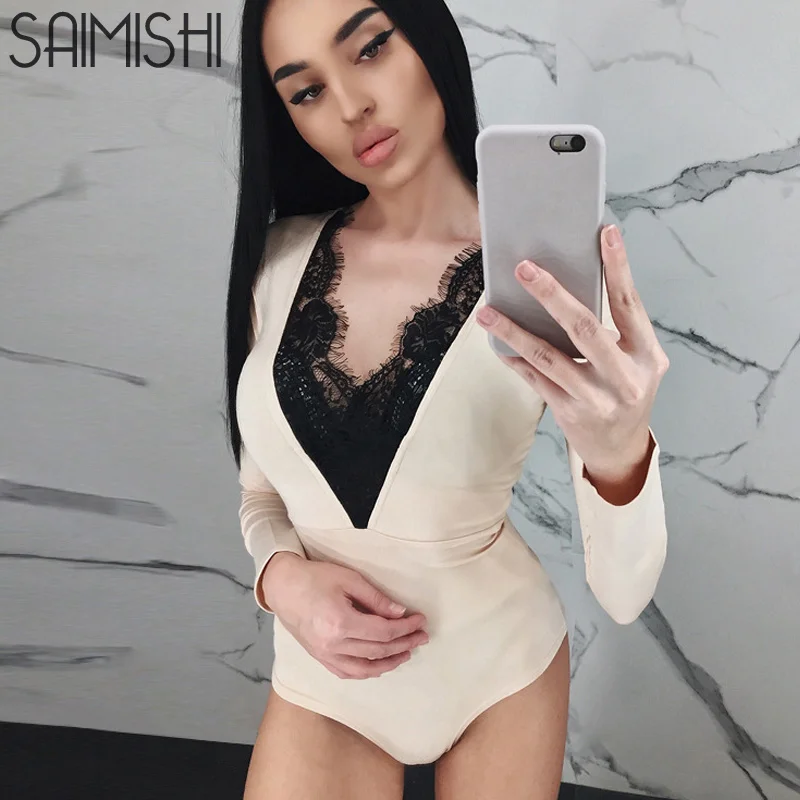 Saimishi Для женщин тонкие бедра живот v-образным вырезом кружева лоскутное длинным рукавом сексуальный комбинезон Демисезонный модные