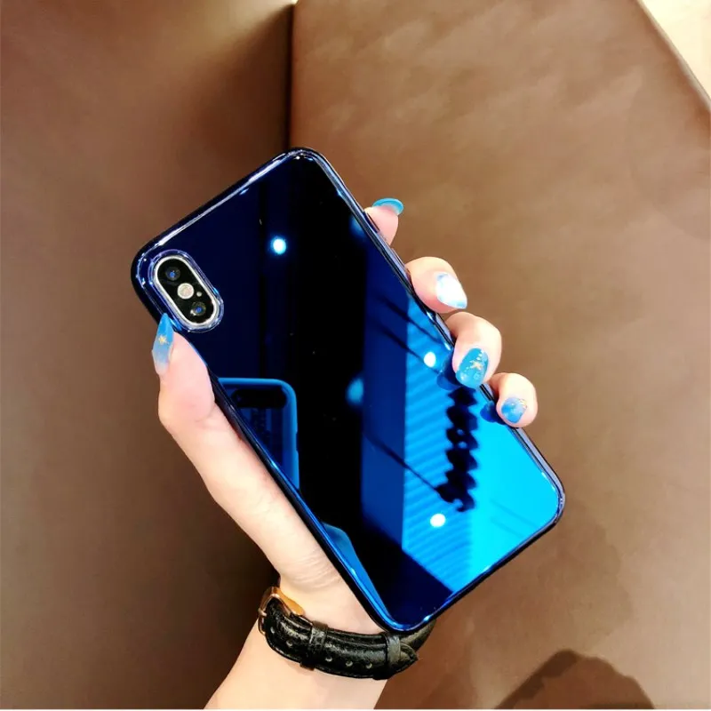 Gimfun Luxury Plating Gloss Mirror Phone Case Blue Soft Silicone Case for Iphone 6 6s 7 8 Plus X for Make Up Back Cover Capa|Fitted Cases| - AliExpress