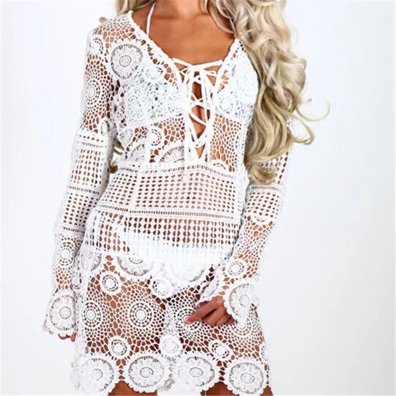 

Women Summer Lace Floral Hollow Crochet Bikini Cover Up Swimsuit Bathing Suit Beach Dress