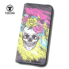 

TZECHO Women Wallets Long Zipper Wallet for Women With Phone PU Cartoon Skull Head Ladies Clutch Purses Rfid Credit Cards Holder