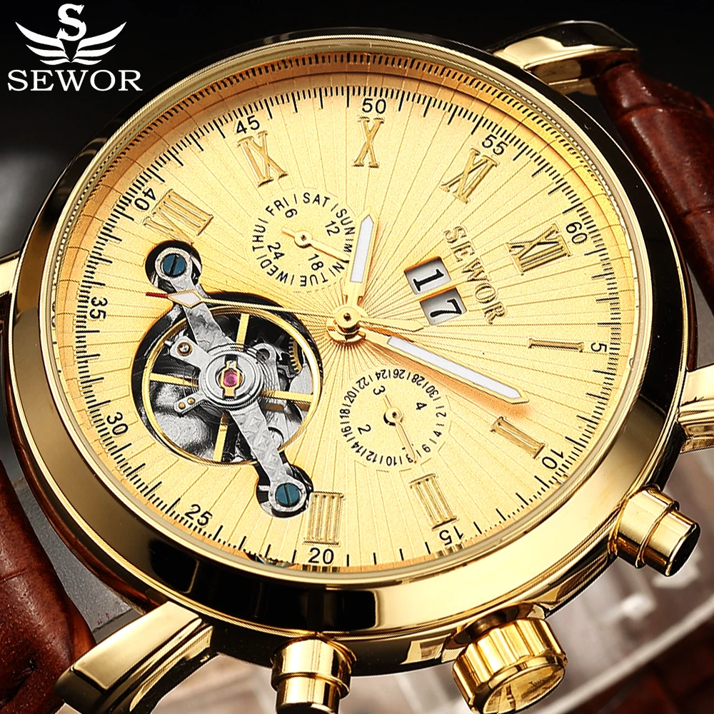 

Mechanical Watch SEWOR Tourbillion Gold Fashion Casual Luxury Auto Date MenGenuine Leather Watches Top Brand Automatic Watch