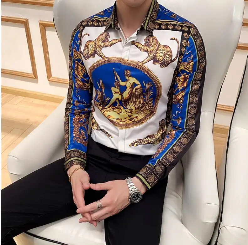 Print Shirts New Baroque Slim Fit punk style Party Club Shirt Men Camisa Homem Male Long Sleeve Shirt Oversize S-4XL