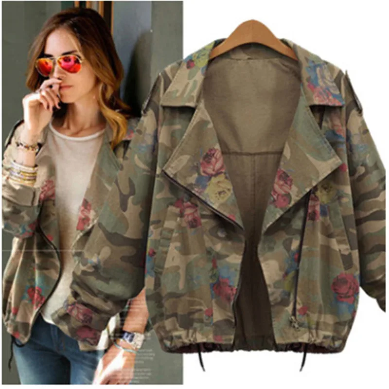 

Spring And Autumn Winter Women Windbreaker Bat Short Camouflage Work Clothes Leisure Full Cotton Loose Jacket Motorcycle Jacket