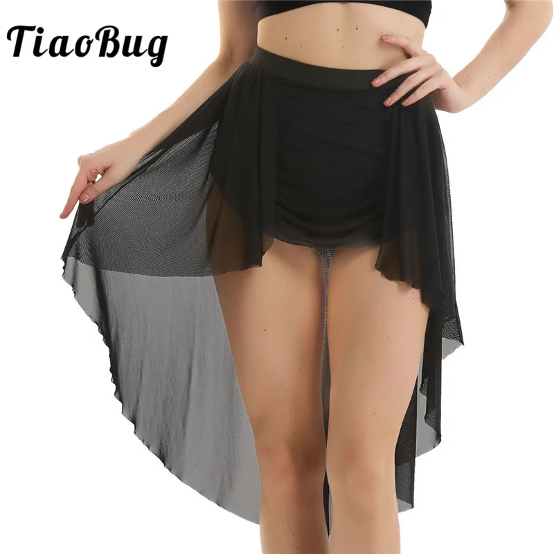 

TiaoBug Solid Color Sheer Mesh Women Asymmetrical Ballet Dance Skirt with Built-In Briefs Contemporary Lyrical Dance Costumes