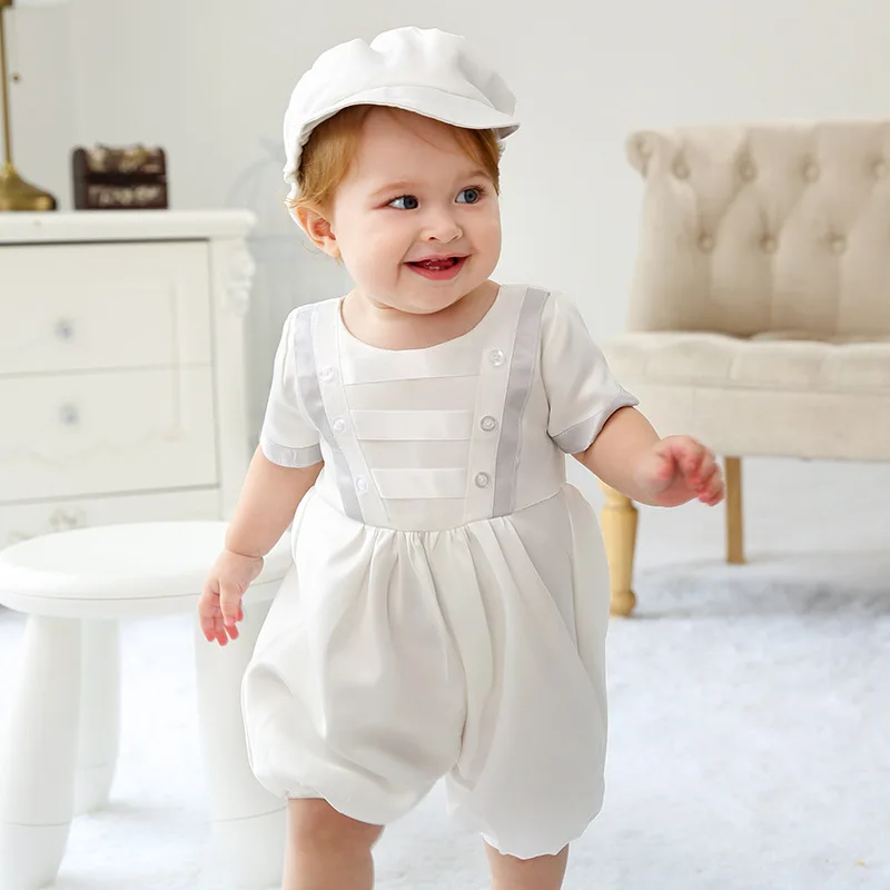 

2pcs Baby Boys Toddler White Baptism Christening Gown Doll Collar Romper with Hat Short Sleeve newborn 24Month