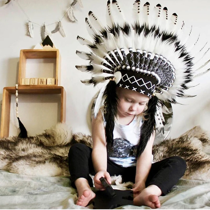 

Child photographing cute Indian Feather headdress handmade feather costumes bonnet feather hat room decor baby gift