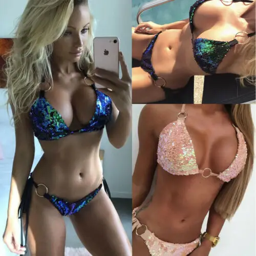 

2019 Women Bikini Set Swimsuit Beachwear Swimwear Push Up Sequin Triangle Bra Tankini Bathing Suit Plus Size S-XL