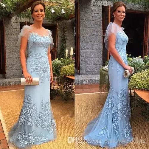 

Mermaid Coming Short Sleeves Appliques Sky Light Blue Elegant Wedding Formal evening party gown Mother of the Bride Dresses