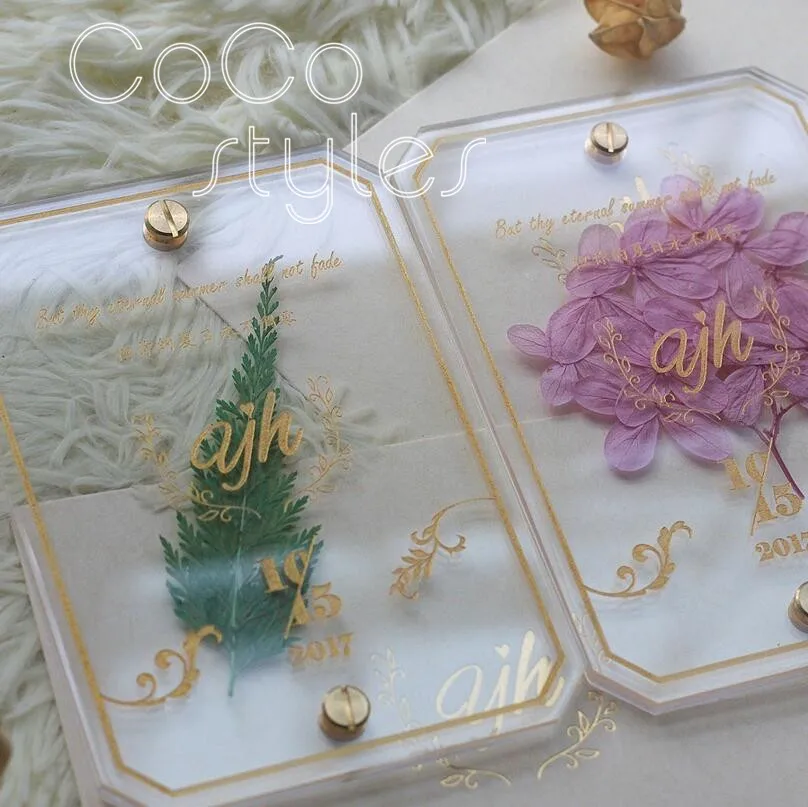  Cocostyles custom personalized gold silk screen lucid acrylic invitation card with forever flower f - 32869616427