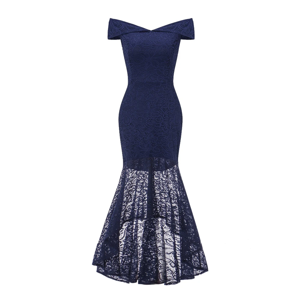 Женское официальное асимметричное кружевное длинное платье, модное элегантное платье с открытыми плечами, свадебное платье для подружек невесты, тонкие вечерние платья макси - Цвет: Тёмно-синий