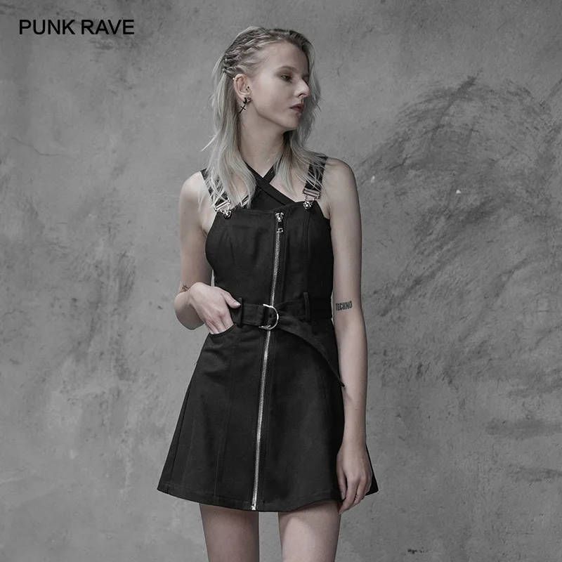 

PUNK RAVE Women's Punk Metal Cowboy Strap A Line Small Skirt Daily Personality Young Girl Skirts with Metal Decoration