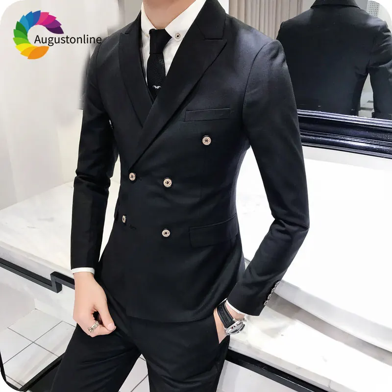 Tailored Made Black Men Suits for Wedding Slim Fit Blue Male Blazers Double Breasted White Groom Tuxedo 2Piece Costume Homme