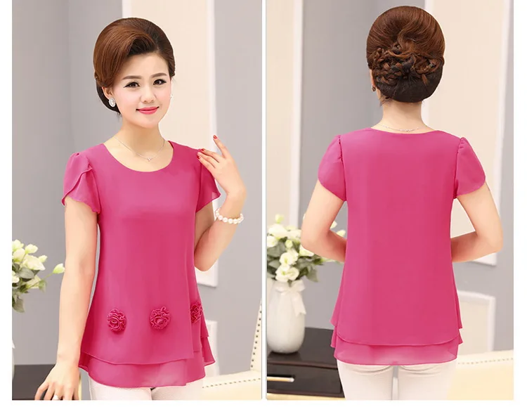 Летняя шифоновая рубашка с коротким рукавом для женщин среднего возраста 30-40-50 лет, футболка с круглым вырезом