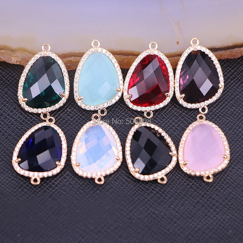 

10PCS Zyunz Faceted Cut Stone Connector Beads, Gold Frame Micro Pave CZ Crystal Glass Pendant Charm Beads For Making Jewelry