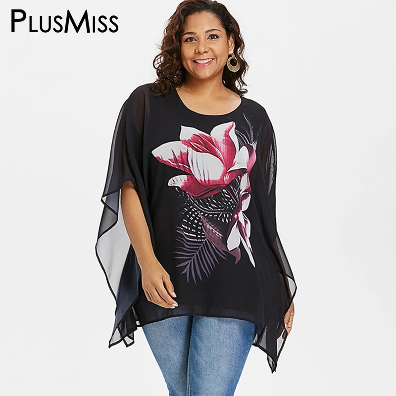 Najtaniej PlusMiss Plus Size 5XL XXXXL XXXL Big Floral Kwiat Drukuj Mesh Szyfonu Bluzka Damska Loose Topy Kobiety Odzież Big Size czarny
