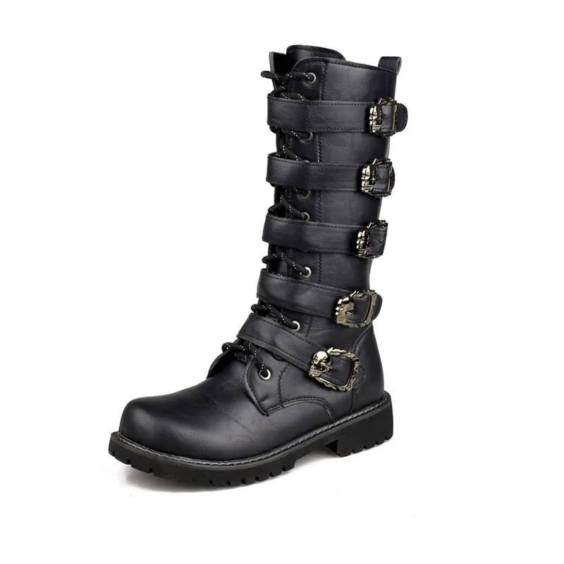 OUDINIAO/армейские ботинки; мужские высокие военные ботинки; мужские мотоциклетные ботинки до середины икры с металлической пряжкой в стиле панк; мужская обувь на шнуровке в стиле рок - Цвет: Черный