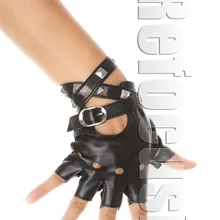 Черные перчатки без пальцев из искусственной кожи