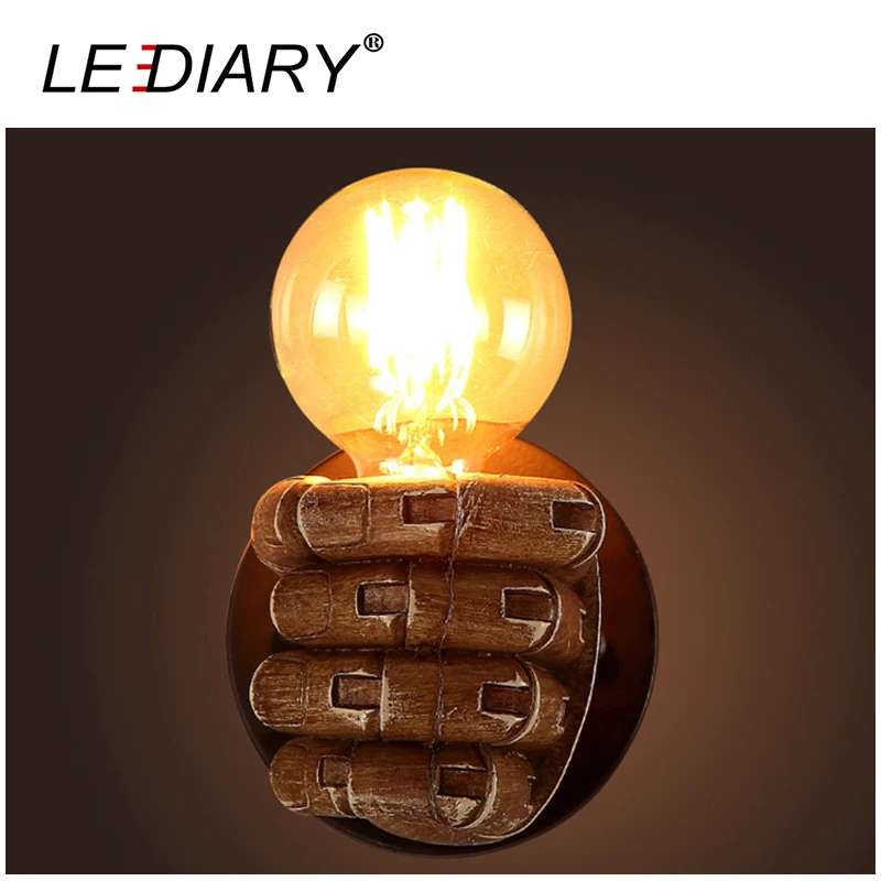LEDIARY Creative Fist Shape Wall Lamp 110V/220V E27 Socket Resin Material Wooden Appearance Bedside/Stair/Corridor Lamp Antique